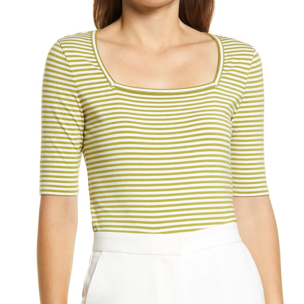 Halogen Square Neck Knit Top in Green and White Stripe (L)